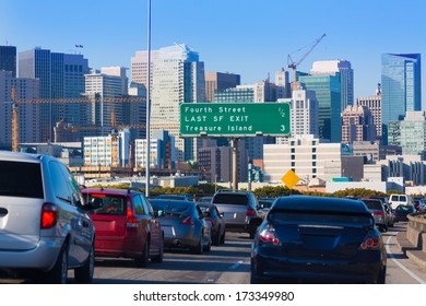 San Francisco City Traffic In Rush Hour With Downtown Skyline California USA