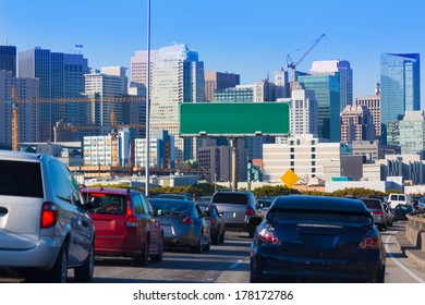 San Francisco City Traffic In Rush Hour With Downtown Skyline California USA