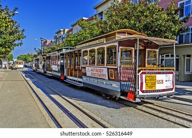 SAN FRANCISCO - DEC 25 2015: Famous Cable Car Bus near Fisherman's Wharf on Jan 30, 2015 in San Francisco, California. Cable car trains first began operating in the city in 1873