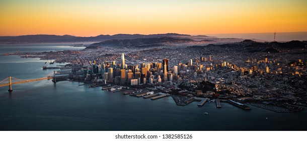 San Francisco Downtown Skyline Aerial View at Sunset, California, CA