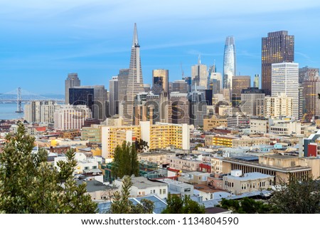 San Francisco downtown skyline Aerial view at sunset from Ina Coolbrith Park Hill in San Francisco, California, USA.