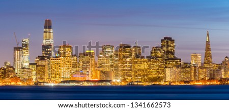 San Francisco downtown skyline at dusk from Treasure Island, California, sunset, USA. Panorama