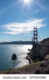 San Francisco Golden Gate Bridge On A High Noon Sun On A Clear Bright Day, Vertical Orientation