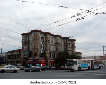 San Francisco  - July 10, 2007: Bus And Cars Cross Intersection In Front Of The The Hotel Utah Saloon In California.  Intimate, Circa-1908 Bar & Music Venue Offering Indie Live Acts, Cheap Beers.