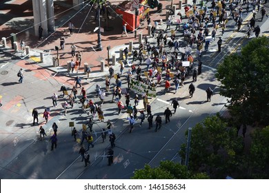 SAN FRANCISCO - JULY 14: Demonstrators March In Embarcadero To Protest Justice For Trayvon Martin On July 14, 2013 In San Francisco, CA. The Verdict Said George Zimmerman Was Not Guilty.