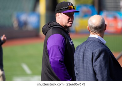 San Francisco - June 8, 2022: Colorado Rockies bench coach Mike Redmond watches batting practice before a game against the San Francisco Giants at Oracle Park. 