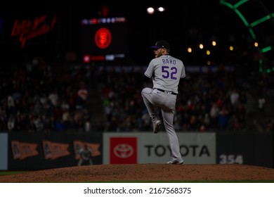 San Francisco - June 8, 2022: Colorado Rockies Pitcher Daniel Bard Delivers A Pitch Against The San Francisco Giants At Oracle Park.