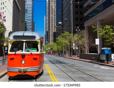 San Francisco Market Street F Market & Wharves F line is a vintage heritage streetcar cable car of California USA