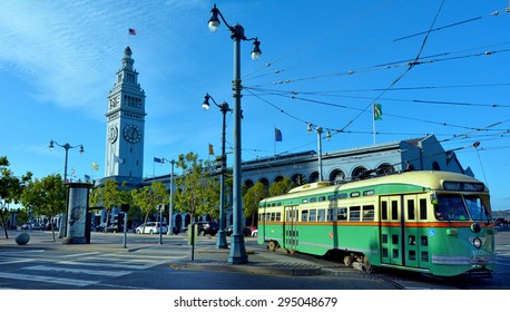 SAN FRANCISCO - MAY 15 2015:One Of San Francisco's Original PCC Streetcars In SF Ferry Building. It's One Of The Most Expensive Urban Transit System To Operate In America, Costing About  $25 Per Train