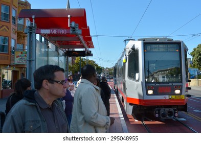 SAN FRANCISCO - MAY 15 2015:Passengers On San Francisco's T Line Station.It Is  The Sixth Muni Metro Line, Opened On April 7, 2007.