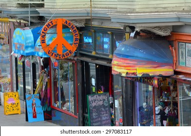 SAN FRANCISCO - MAY 19 2015:Hippies Stores In Haight Street, Haight-Ashbury San Francisco.Haight-Ashbury Is One Of The Most Famous Neighborhoods In SF For Its Role As A Center Of 1960s Hippie Movement