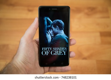 San Francisco, november 4, 2017: Fifty Shades of Grey movie poster in google play store on mobile phone screen