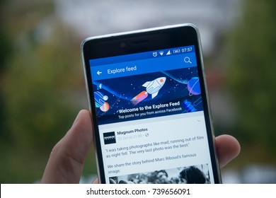 San Francisco, October 10, 2017: New Second Facebook Timeline Explore Feed On Mobile Phone