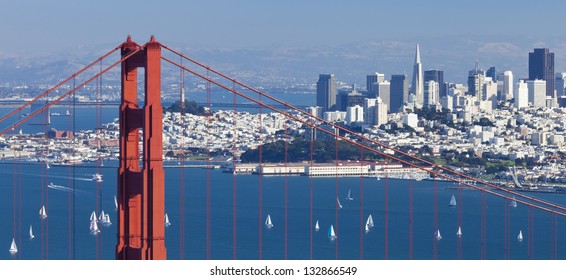 San Francisco Panorama from San Francisco Bay and Golden Gate Bridge