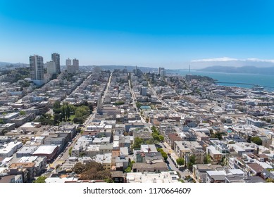     San Francisco, panorama of Telegraph Hill, Washington Square, Russian Hill and Saints Peter and Paul church, and the Golden Gate Bridge in background 