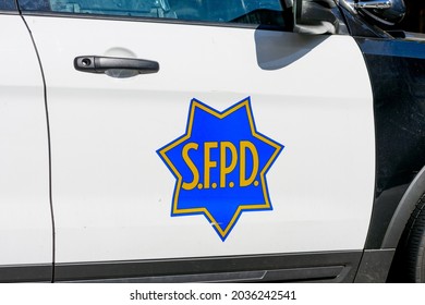 San Francisco Police Department SFPD Vehicle Door Decal On A Squad Car. - San Francisco, California, USA - 2021
