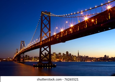 San Francisco Skyline And Bay Bridge At Sunset, California, USA