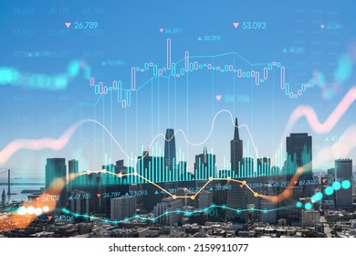 San Francisco Skyline From Coit Tower To Financial District, Residential Neighborhoods, California, US. Forex Candlestick Graph, Charts Hologram. The Concept Of Internet Trading, Brokerage, Analysis