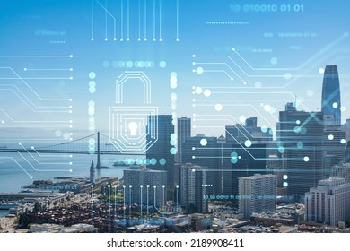 San Francisco Skyline From Coit Tower To Financial District And Residential Neighborhoods, California, US. The Concept Of Cyber Security To Protect Confidential Information, Padlock Hologram