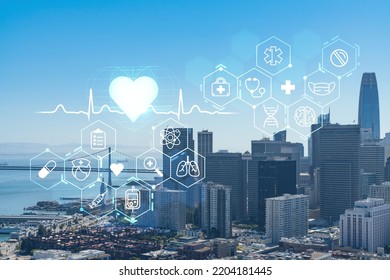 San Francisco Skyline From Coit Tower To Financial District And Residential Neighborhoods, California, US. Health Care Digital Medicine Hologram. The Concept Of Treatment And Disease Prevention