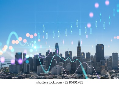 San Francisco Skyline From Coit Tower To Financial District, Residential Neighborhoods, California, US. Forex Candlestick Graph, Charts Hologram. The Concept Of Internet Trading, Brokerage, Analysis