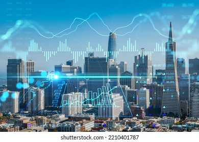 San Francisco Skyline From Coit Tower To Financial District, Residential Neighborhoods, California, US. Forex Candlestick Graph, Charts Hologram. The Concept Of Internet Trading, Brokerage, Analysis