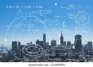 San Francisco Skyline From Coit Tower To Financial District And Residential Neighborhoods, California, US. Technologies, Education Concept. Academic Research, Top Ranking University, Hologram