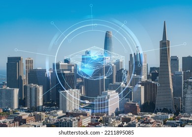 San Francisco Skyline From Coit Tower To Financial District And Residential Neighborhoods, California, US. Technologies, Education Concept. Academic Research, Top Ranking University, Hologram