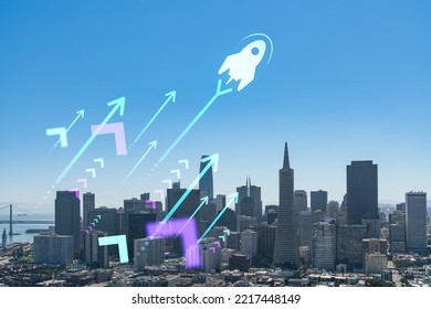 San Francisco Skyline From Coit Tower To Financial District And Residential Neighborhoods, California, US. Startup Company, Launch Project To Seek And Develop Scalable Business Model, Hologram