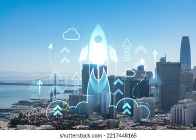 San Francisco Skyline From Coit Tower To Financial District And Residential Neighborhoods, California, US. Startup Company, Launch Project To Seek And Develop Scalable Business Model, Hologram