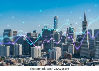 San Francisco Skyline From Coit Tower To Financial District, Residential Neighborhoods, California, US. Forex Candlestick Graph, Charts Hologram. The Concept Of Internet Trading, Brokerage, Analysis