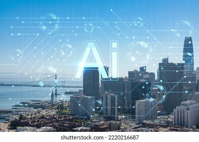 San Francisco Skyline From Coit Tower To Financial District And Residential Neighborhoods, California, US. Artificial Intelligence Concept, Hologram. AI, Machine Learning, Neural Network, Robotics