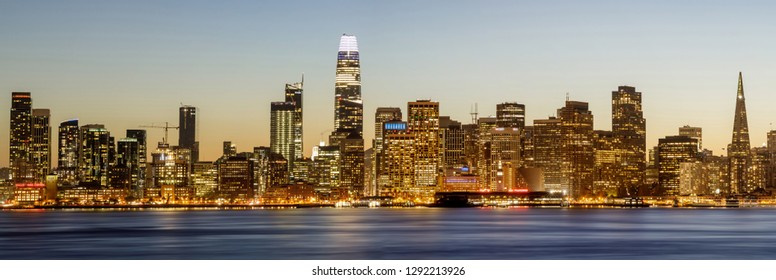 San Francisco Skyline Details. Views From Yerba Buena Island On A Clear Winter Day.