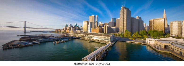 San Francisco Skyline And Ferry Building Aerial Cityscape View Over SF Bay, California, USA