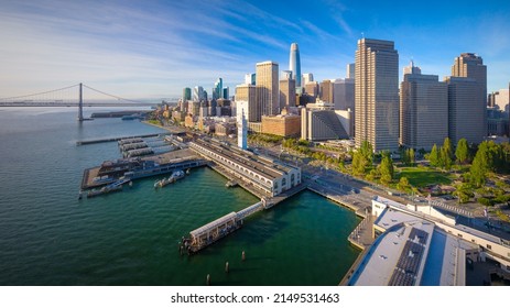 San Francisco Skyline And Ferry Building Aerial Cityscape View Over SF Bay, California, USA