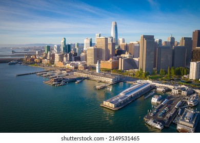 San Francisco Skyline And Ferry Building Aerial Cityscape View Over SF Bay, California, USA