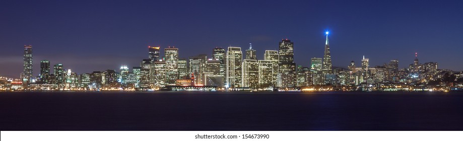 San Francisco Skyline At Night, With Holiday Season Lights.