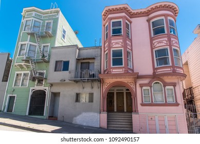 San Francisco, Typical Colorful Houses In Telegraph Hill, Sloping Street
