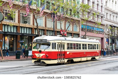 San Francisco, United States - April 1, 2019: Heritage Electric Streetcar In Market Street