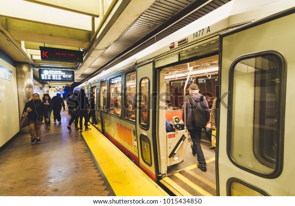 SAN FRANCISCO, UNITED STATES - JAN 14, 2018:
Passenger taking the Muni Metro, a light rail system serving San
Francisco, operated by the San Francisco Municipal Railway, K line
in Market Street subway