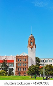 San Francisco, Usa, 06/11/2010: The Bell Tower Of The Mission San Francisco De Asis, Or Mission Dolores Basilica Church, Founded In 1776 And Used As Location In The Movie Vertigo By Alfred Hitchcock