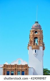 San Francisco, Usa, 06/11/2010: The Bell Tower Of The Mission San Francisco De Asis, Or Mission Dolores Basilica Church, Founded In 1776 And Used As Location In The Movie Vertigo By Alfred Hitchcock