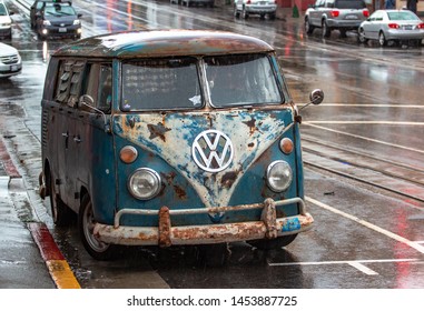 San Francisco, USA - 16/05/2019: Old Volkswagen Camper Van, Made From 1950 To 1967 And Sold Worldwide, Symbol Of The Hippie Era Very Popular During The San Francisco's Summer Of Love. California, USA