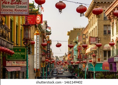 San Francisco, USA - August 19, 2018, daytime in Chinatown in San Francisco, USA. walk people stand and drive cars. Chinatown San Francisco is one of the largest Chinatowns in North America. It is