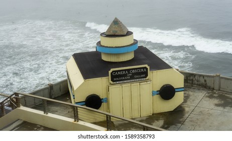 San Francisco, USA - August 2019: Giant Camera Obscura Closed During Maintenance On A Foggy Day