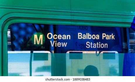 San Francisco, USA - August 2019: Ocean View Balboa Park Station Sign In A Train