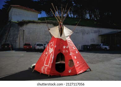 San Francisco, USA - February 08, 2020: Native American Tepee At Pow Wow With Palm Prints In Support For MMIW, Missing And Murdered Indigenous Women