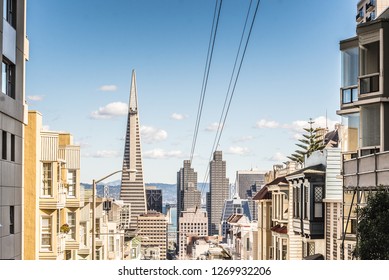 SAN FRANCISCO, USA - February 12, 2018: TransAmerica Pyramid San Francisco And Buildings In Downtown Famous Post Card Vintage Colors