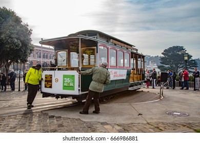 San Francisco, USA - January 8, 2015:  Cable Car Being Turned Around On A Turning Point.