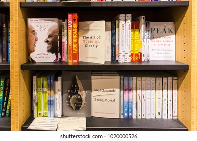 San Francisco, USA - July 2 2017: Books About Spirituality And Psychology, Such As The One From The Dalai Lama And Desmond Tutu Are Diplayed In The Shelf Of A Bookstore In San Francisco